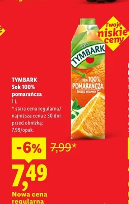 Sok 100% pomarańcza Tymbark promocja w Lidl