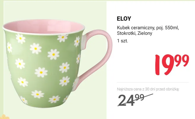 Kubek ceramiczny, poj. 550 ml, stokrotki, zielony promocja w Rossmann