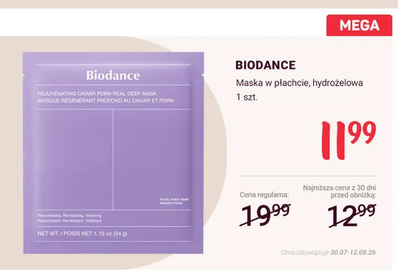 Maska w płachcie hydrożelowa Biodance Rejuvenating Caviar PDRN Real Deep Mask promocja w Rossmann