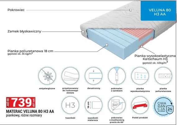 Materac Veluna 80 H3 AA piankowy promocja w Merkury Market