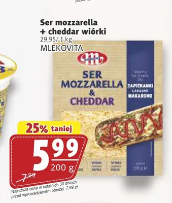 Ser mozzarella i cheddar wiórki Mlekovita promocja w Prim Market
