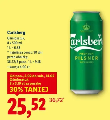 Piwo Carlsberg Premium Pilsner 8-pak promocja w Lidl