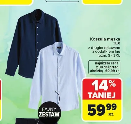 Koszula męska TEX z długim rękawem z dodatkiem lnu promocja w Carrefour