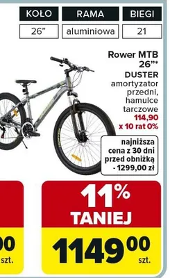 Rower MTB 26" Duster amortyzator przedni, hamulce tarczowe promocja w Carrefour