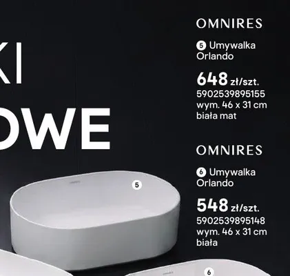 Umywalka nablatowa Omnires Orlando biała mat 46x31 cm promocja w Castorama