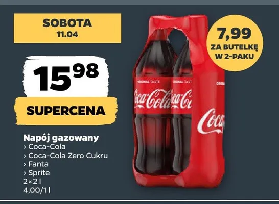 Napój gazowany Coca-Cola, Coca-Cola Zero Cukru, Fanta, Sprite, Kinley promocja w Netto
