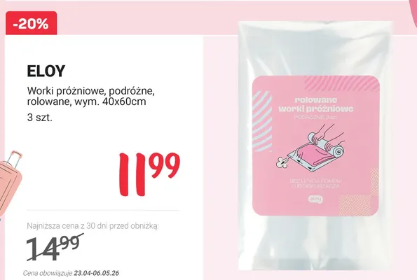 Worki próżniowe podróżne rolowane Eloy wym. 40x60cm promocja w Rossmann