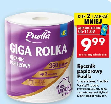 Ręcznik papierowy Puella Giga Rolka 3 warstwy, 350 listków promocja w LEWIATAN