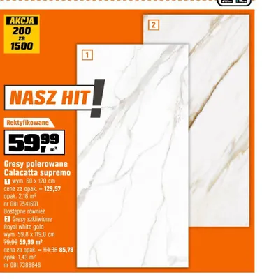 Gresy szkliwione Royal white gold wym. 59,8x119,8cm promocja w OBI