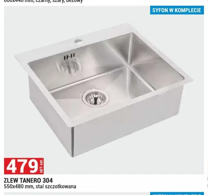 Zlew Tanero 304 stal szczotkowana 550x480mm promocja w Merkury Market
