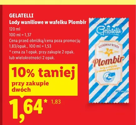 Lody waniliowe w wafelku Plombir Gelatelli promocja w Lidl