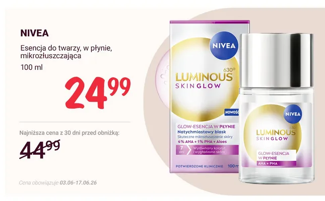 Esencja do twarzy w płynie mikrozłuszczająca Nivea Luminous 630 Skin Glow promocja w Rossmann