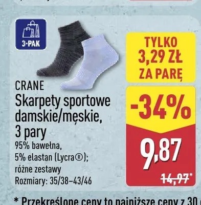 Skarpety sportowe damskie/męskie CRANE 3-pak promocja w Aldi