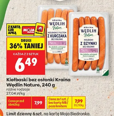 Kiełbaski bez osłonki Kraina Wędlin Nature promocja w Biedronka