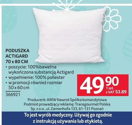 Poduszka Actigard 70 x 80 cm promocja w Selgros