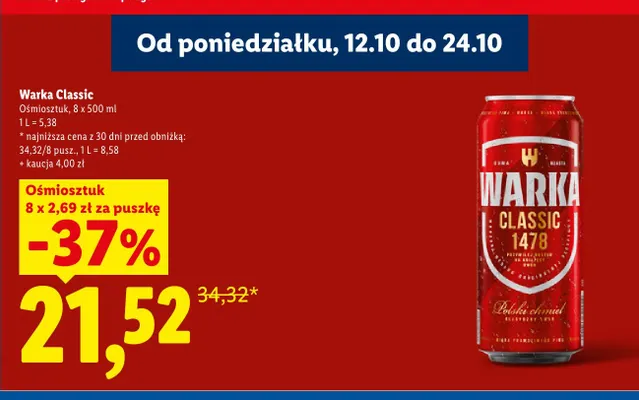 Piwo Warka Classic 8-pak 500 ml promocja w Lidl