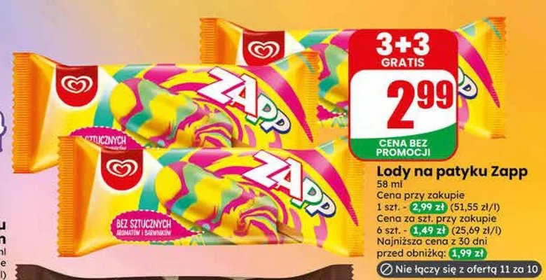 Lody na patyku Zapp promocja w Dino