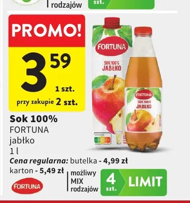 Sok jabłko Fortuna 100% promocja w Intermarche