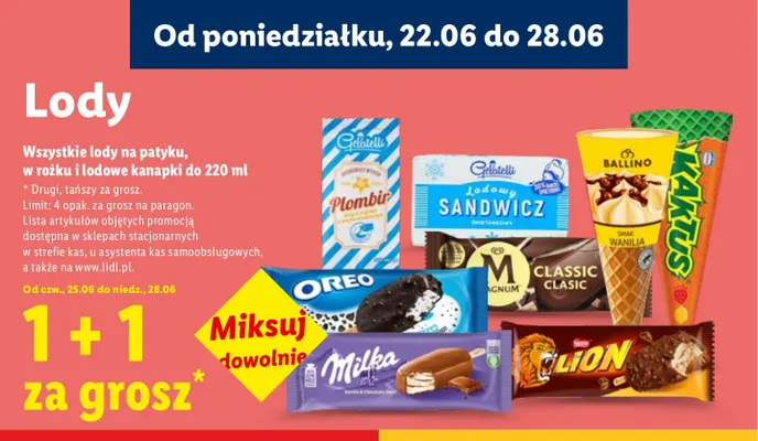 Lody na patyku, w rożku i lodowe kanapki do 220 ml promocja w Lidl