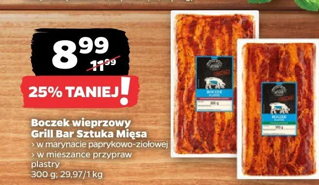 Boczek wieprzowy w mieszance przypraw Grill Bar Sztuka Mięsa plastry promocja w Netto