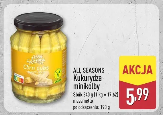 Kukurydza minikolby All Seasons promocja w Aldi