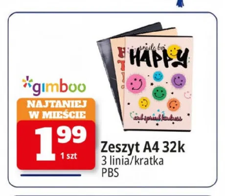 Zeszyt A4 Gimboo 32 kartki 3 linia promocja w Leclerc