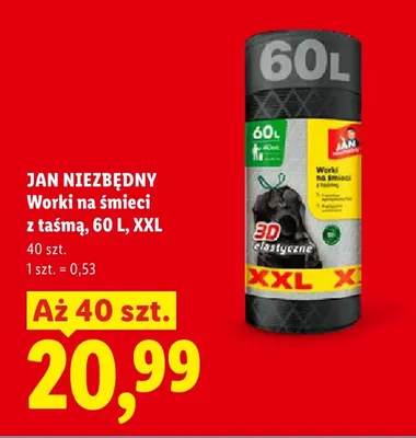 Worki na śmieci z taśmą 60 l XXL Jan Niezbędny promocja w Lidl