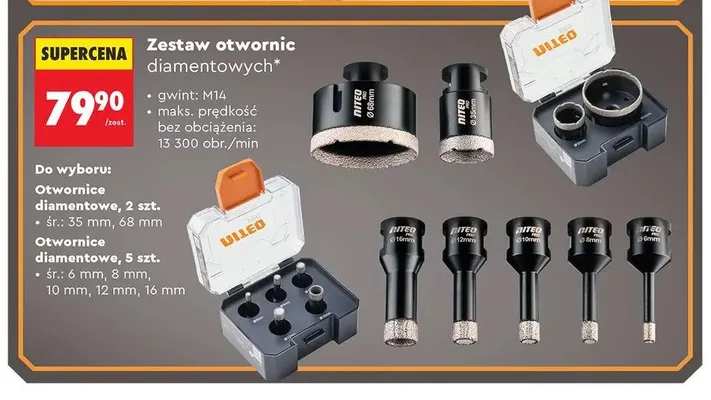 Otwornice diamentowe NITEO PRO 5szt. śr.: 6mm 8mm 10mm 12mm 16mm gwint: M14 maks. prędkość bez obciążenia: 13 300 obr./min promocja w Biedronka