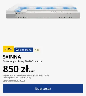 Materac piankowy Svinna 80x200 twardy promocja w Jysk