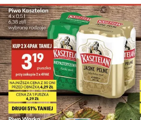 Piwo Kasztelan Niepasteryzowane 4-pak promocja w Delikatesy Centrum