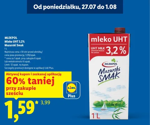 Mleko UHT 3,2% Mlekpol Mazurski Smak promocja w Lidl