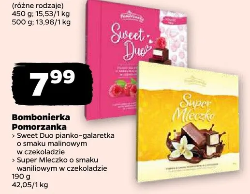 Bombonierka Pomorzanka Sweet Duo pianko-galaretka o smaku malinowym w czekoladzie, Mleczko o smaku waniliowym w czekoladzie promocja w Netto