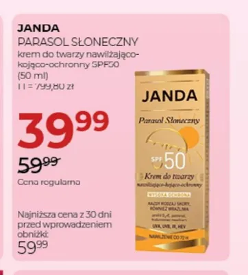 Krem do twarzy nawilżająco-kojąco-ochronny SPF50 Janda Parasol Słoneczny promocja w Drogerie Jawa