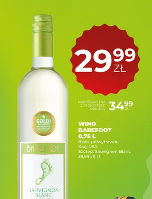Wino białe Barefoot Sauvignon Blanc promocja w Duży Ben