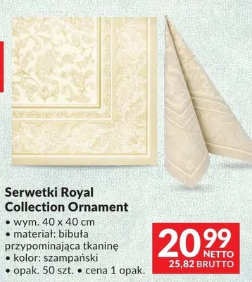 Serwetki Royal Collection Ornament 40x40cm bibuła przypominająca tkaninę kolor szampański promocja w Makro