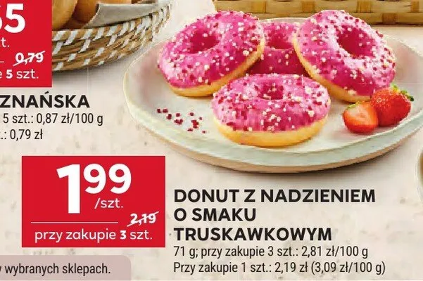 Donut z nadzieniem o smaku truskawkowym promocja w Stokrotka