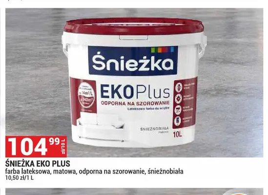 Farba lateksowa matowa odporna na szorowanie śnieżnobiała Śnieżka Eko Plus promocja w Merkury Market