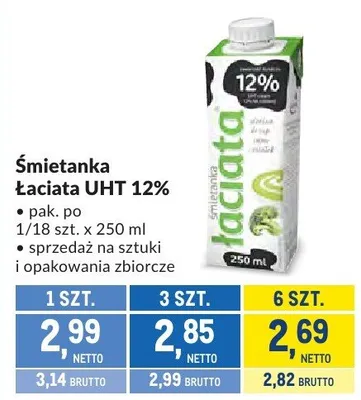 Śmietanka Łaciate UHT 12% promocja w Makro