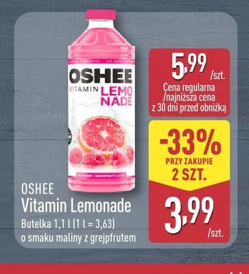 Napój Vitamin Lemonade o smaku maliny z grejpfrutem Oshee promocja w Aldi
