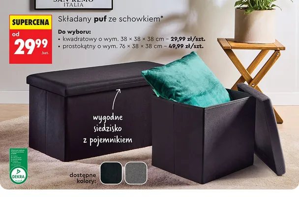 Składany puf ze schowkiem kwadratowy Smukee 38x38x38cm promocja w Biedronka