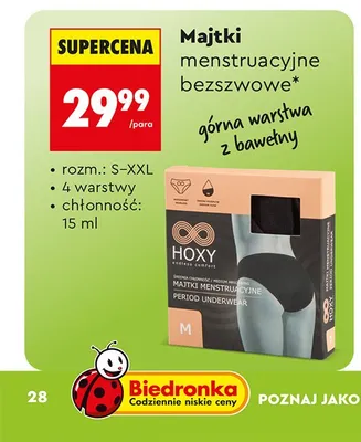 Majtki menstruacyjne bezsznurowe górna warstwa z bawełny promocja w Biedronka