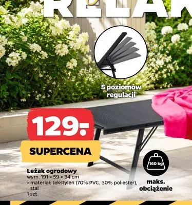 Leżak ogrodowy 191x59x34cm promocja w Netto