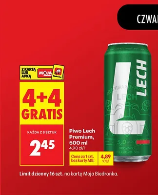 Piwo Lech Premium 4+4 GRATIS promocja w Biedronka