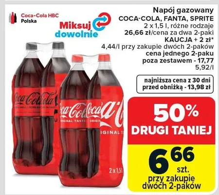 Napój gazowany Coca-Cola, Fanta, Sprite różne rodzaje promocja w Carrefour