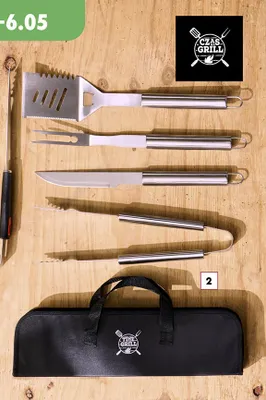 Akcesoria do grilla zestaw ze szczypcami, szpatułką, widelcem i nożem w etui promocja w Biedronka