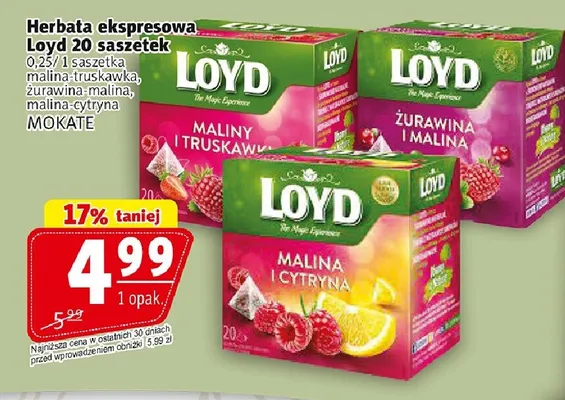 Herbata ekspresowa Loyd malina-truskawka promocja w Prim Market