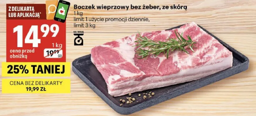 Boczek wieprzowy bez żeber ze skórą promocja w Delikatesy Centrum