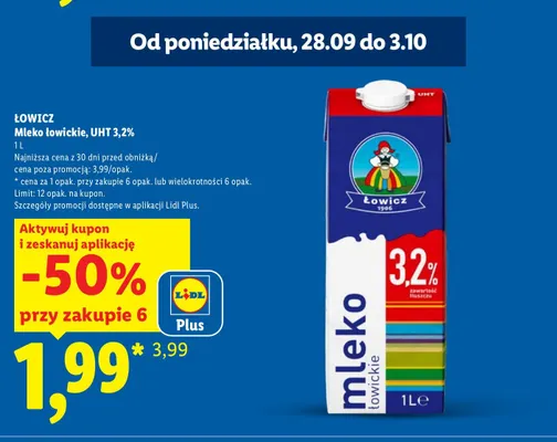Mleko UHT łowickie Łowicz 3,2% promocja w Lidl