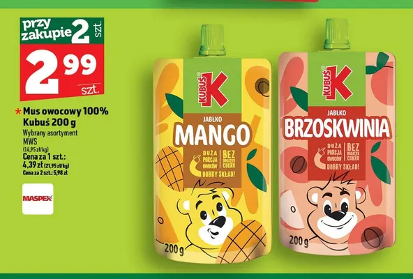 Mus owocowy 100% jabłko mango Kubuś promocja w TOPAZ