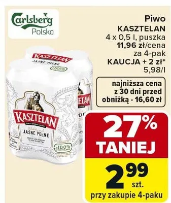 Piwo KASZTELAN 4 x 0,5l puszka promocja w Carrefour